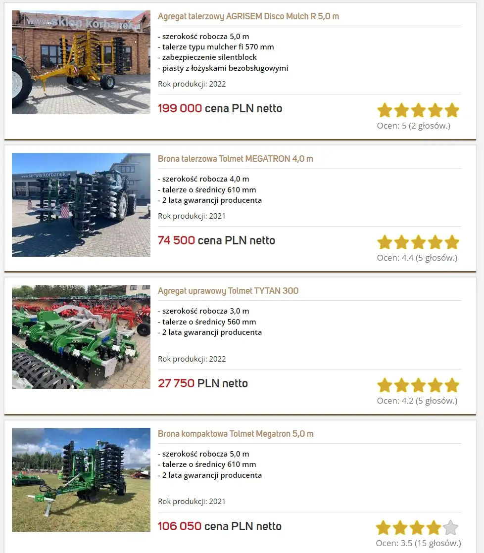 Używane maszyny rolnicze, brony talerzowe, agregaty